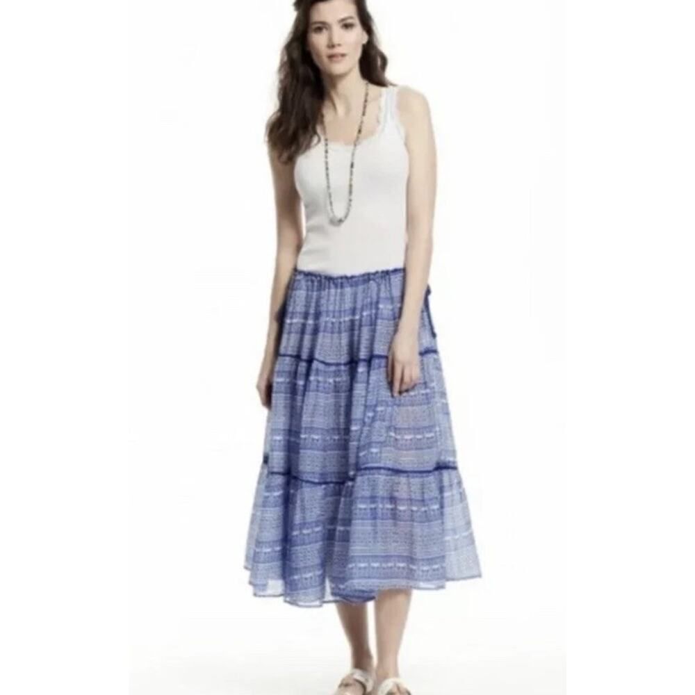 Carolina K Cotton Silk Blue Folk Print Boho Tiered Maxi Skirt XS